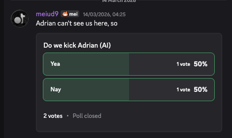 A poll on whether to kick Adrian, ending in a draw